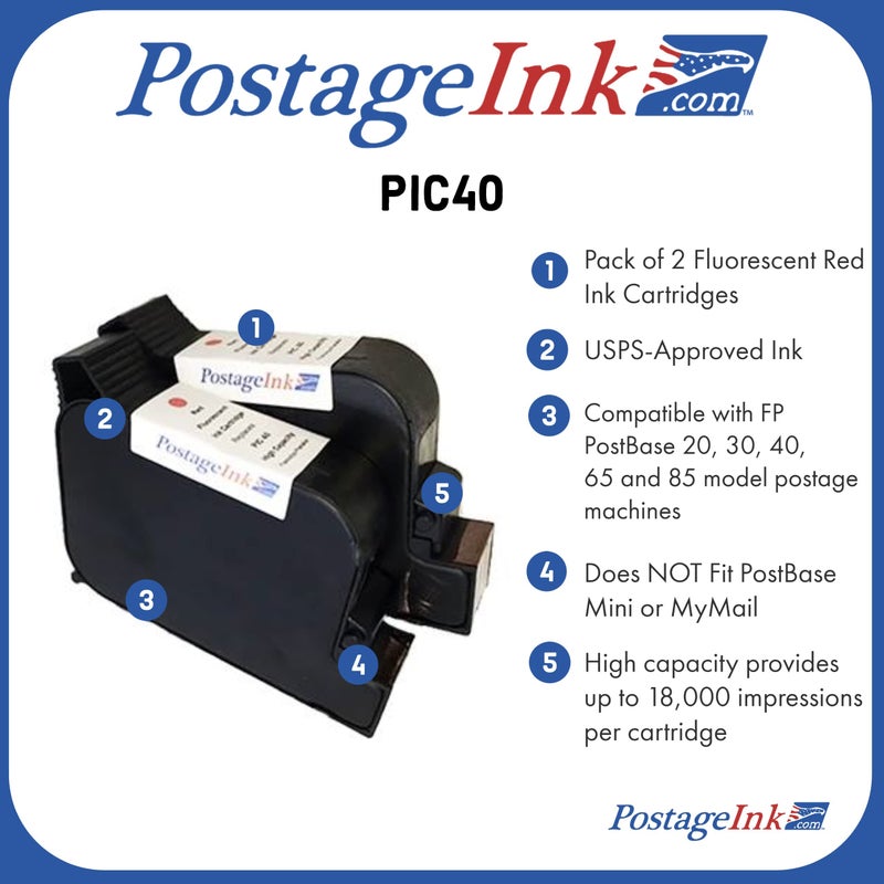 Postageink.com PIC40 High Capacity Ink Cartridge for FP PostBase 20, 30, 45, 65 and 85 Model Postage Meters; Non-OEM Replacement Pack of 2 - Image 4